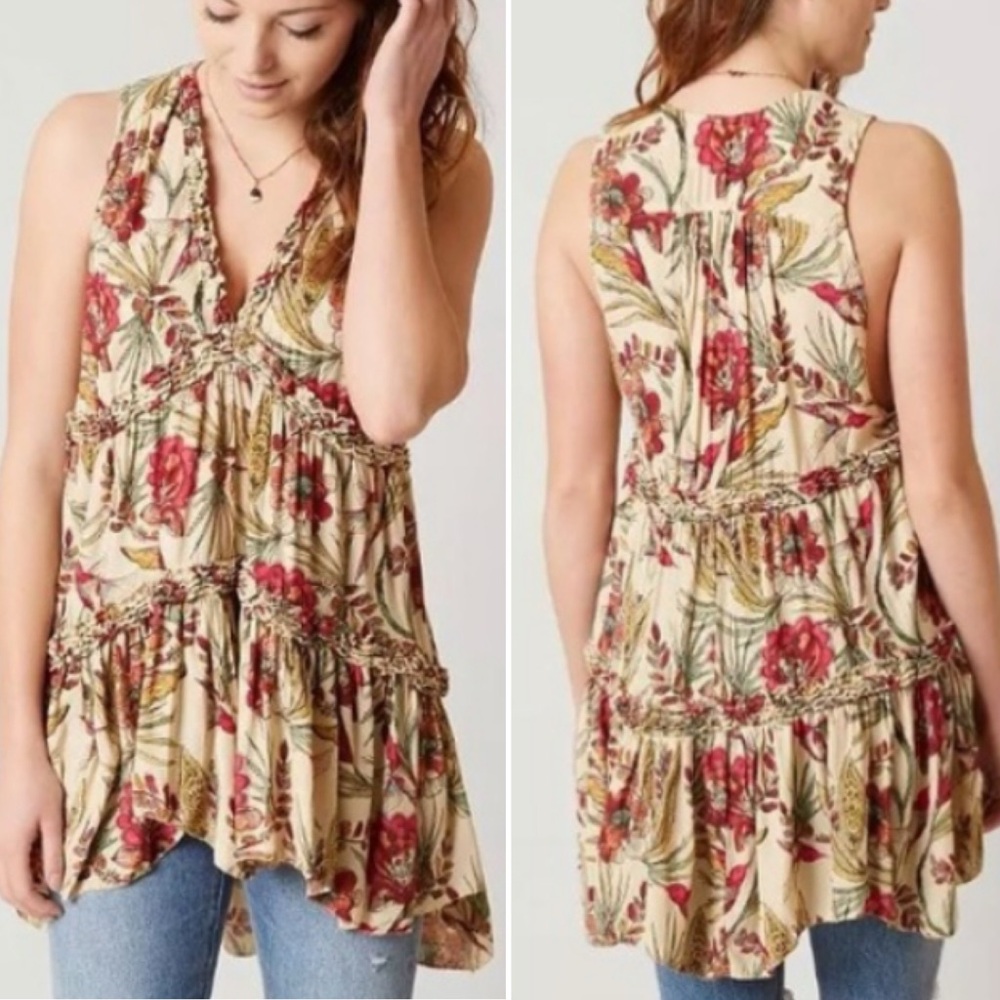 Free People Purple Haze Floral Hummingbird Sleeveless Tunic Size Medium